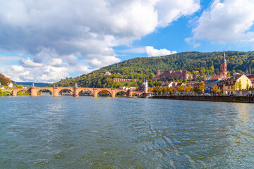 The Karl Theodor Bridge, commonly knows as the Old Bridge, and the Bridge Gate along the Neckar River in the Bavarian city of Heidelberg.	