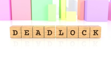 Letters DEADLOCK branded on wooden blocks reflected on the shiny surface. Business concept. In the back are colorful cuboids in different shapes. (3D rendering)