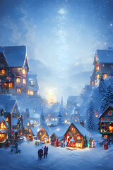 A festive and snowy Christmas village at night. Generative AI creation.