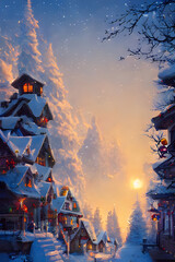 A cold and snowy winter village backed by tall trees. Generative AI creation.