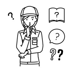 立って手をあごにあてて疑問を感じている作業員の女性 クエスチョンマークのセット
