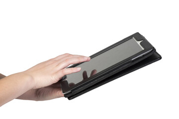 Isolated finger swiping across a tablet screen