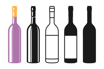 Wine bottle symbol set, silhouette, icon, stamp engraving design. Alcohol beverages red wine, champagne. Celebration winemaking advertisement bottles mockup for bar, cafe, restaurant vintage vector