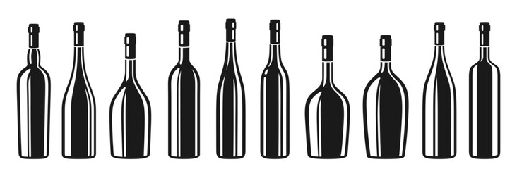 Wine bottle different shapes silhouette set. Various types alcohol beverages red, white, sparkling wine champagne liquor. Celebration advertisement blank bottles engraving stamp design for bar, cafe