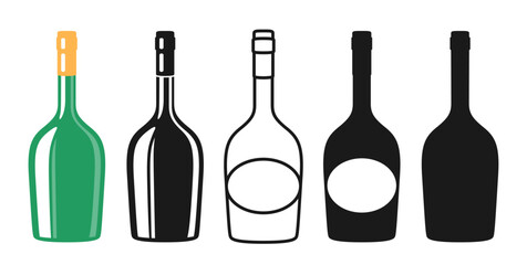 Wine champagne bottle and empty label set, silhouette, icon, stamp engraving design. Alcohol beverages sparkling wine, liquor. Celebration winemaking advertisement bottles mockup for bar, restaurant