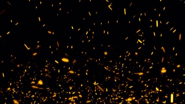 Loop flow up glow orange fire particles sparks rising up on black background. 4K 3D animation of fiery orange glowing flying ember burning ash particles.Isolated  alpha channel using quicktime apply p