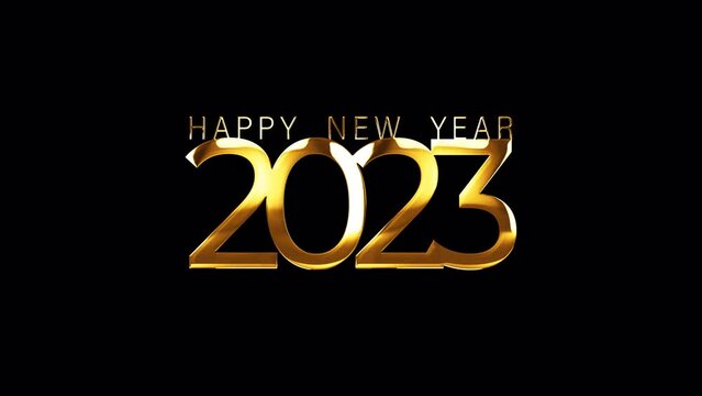 Loop 2023 Happy New Year golden text shine flickering light effect animation on black background. Happy New Year text with looping flickering gold glowing light texture.Isolated transparent video anim