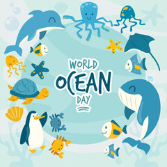 Ocean animals, world oceans day illustration
