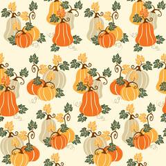 Autumn pumpkins with Ivory background pattern.Perfect for fall and Thanksgiving. Seamless vector pattern