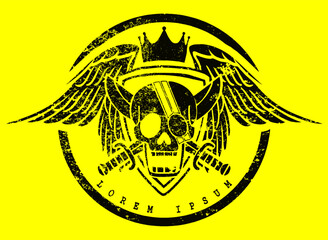 pirate skull logo with two swordsmen and two wings with grunge effect