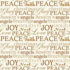 Seamless pattern of Christmas elegant text, peace, joy, noel, season's greetings, angel, faith, glory, and love