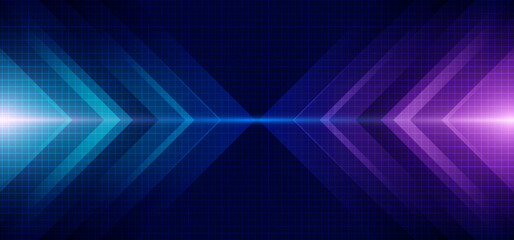 Abstract blue and purple arrow glowing with lighting and line grid on blue background - 538247189