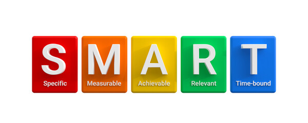 Concept of SMART - a strategy for setting goals and objectives - Specific, Measurable, Achievable, Relevant and Time-bound. Colored cubes isolated on white background. 3D rendering