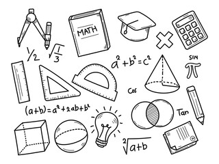 Set of mathematics doodle illustrations with black and white design on isolated background