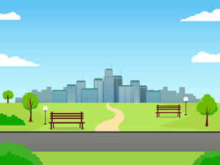 City park vector with skyscraper building and blue sky suitable for background or illustration