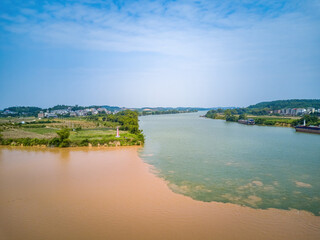 Sanjiangkou, Nanning, Guangxi, China, the dividing line where the two rivers meet