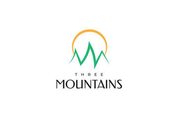 Fototapeta na wymiar Three Green Mountains Logo with the Sun Above. Minimal Mountains Illustration for Resort, Camp and Tourism Industry Logo