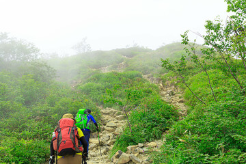 霧深い八方尾根のガレ場登る登山者