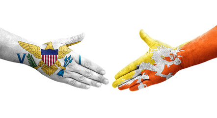 Handshake between Bhutan and Virgin Islands flags painted on hands, isolated transparent image.