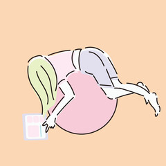 バランスボールに乗りながらタブレットPCを見ている女の子の手描きイラスト
