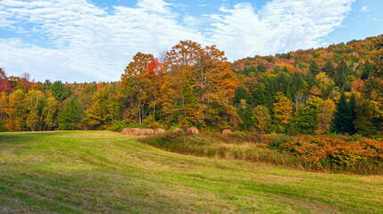Naklejka premium Hay bales stacked at the edge of the forest.Vermont.USA