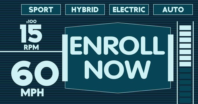 Futuristic Car Dashboard with Enroll Now Text. Digital Graphical User Interface Animation.