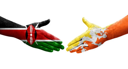 Handshake between Bhutan and Kenya flags painted on hands, isolated transparent image.