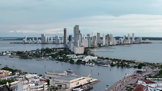 Aerial View of Cartagena, Colombia at Sunset with the old city in the background	