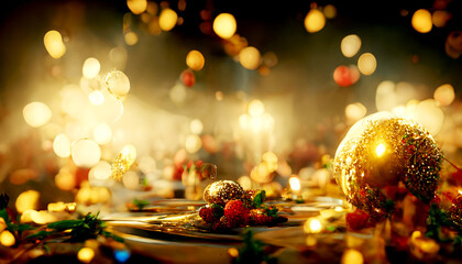 Fototapeta na wymiar Merry Christmas and New Year holidays background. Blurred bokeh background