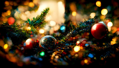 Obraz na płótnie Canvas Merry Christmas and New Year holidays background. Blurred bokeh background