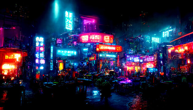 Futuristic cyberpunk city full of neon lights at night, Retro future illustration in a style of pixel art, Blurred background