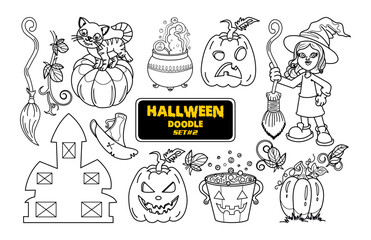 Halloween hand drawn doodle. Cute Halloween Digital Stamp Set.