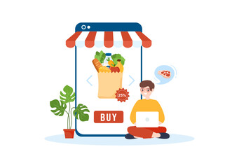 Online Grocery Store or Supermarket to Order Daily Necessities or Food via the App in Flat Cartoon Hand Drawn Templates Illustration