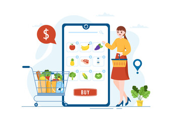 Online Grocery Store or Supermarket to Order Daily Necessities or Food via the App in Flat Cartoon Hand Drawn Templates Illustration