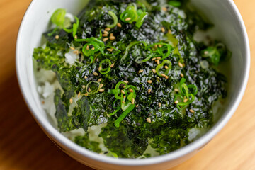 彩り豊かな刻み葱と胡麻を散らし、韓国海苔のパリッとした質感と磯の香りを閉じ込めた「韓国海苔ご飯」。地鶏の卵黄のような濃厚な輝きが際立つ一杯で、焼肉店の〆や家庭の朝食、お弁当の販促に最適な高品質素材です。 | Korean seaweed rice bowl topped with green onions and sesame seeds.