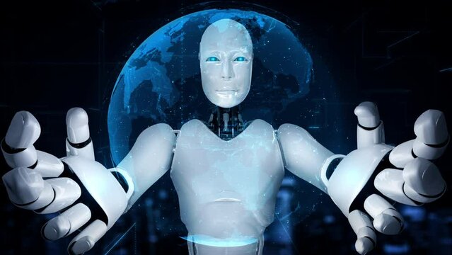 Futuristic robot artificial intelligence huminoid AI programming coding technology development and machine learning concept. Robotic bionic science research for future of human life. 3D rendering.