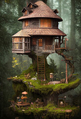 A beautiful fantasy treehouse in a forest.