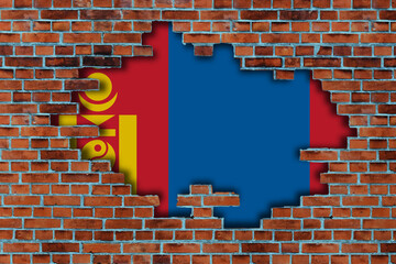 3D Flag of Mongolia behind the broken old stone wall background.