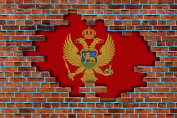 3D Flag of Montenegro behind the broken old stone wall background.