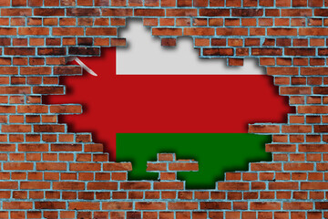 3D Flag of Oman behind the broken old stone wall background.