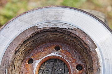 Heavy layered corrosion on ventilated car brake disc surface closeup