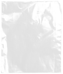 plastic transparent cellophane bag on white background. The texture looks blank and shiny. The plastic surface is wrinkly and tattered making abstract pattern.