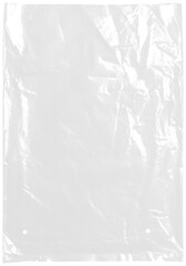 plastic transparent cellophane bag on white background. The texture looks blank and shiny. The plastic surface is wrinkly and tattered making abstract pattern.