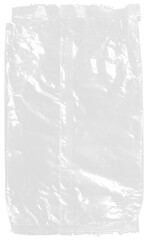 plastic transparent cellophane bag on white background. The texture looks blank and shiny. The plastic surface is wrinkly and tattered making abstract pattern.