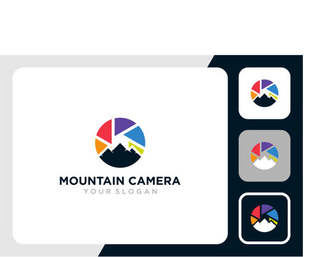 mountain logo design with camera or lens