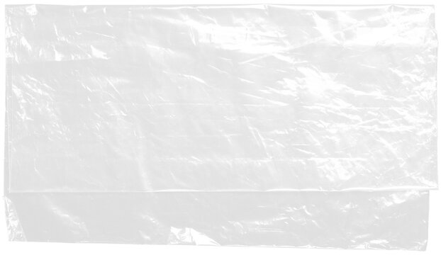 plastic transparent cellophane bag on white background. The texture looks blank and shiny. The plastic surface is wrinkly and tattered making abstract pattern.