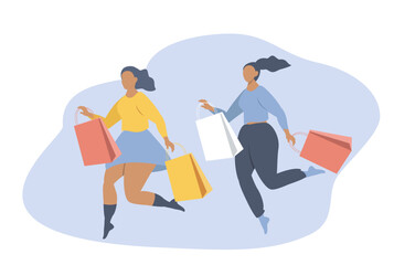 vector illustration in a flat style on the theme of shopping. two girls run with shopping bags