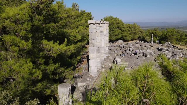 View of historical ruins, columns, ancient theater and temples in the ancient city of Priene.