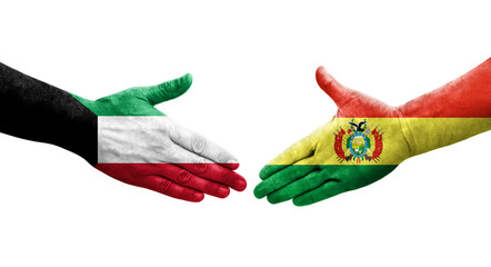 Handshake between Bolivia and Kuwait flags painted on hands, isolated transparent image.