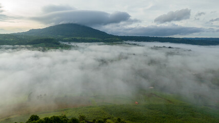 Mountains in fog at beautiful autumn in Phetchabun Thailand. Fog mountain valley, low clouds, forest, colorful sky with. pine trees in spruce foggy forest with bright sunrise
